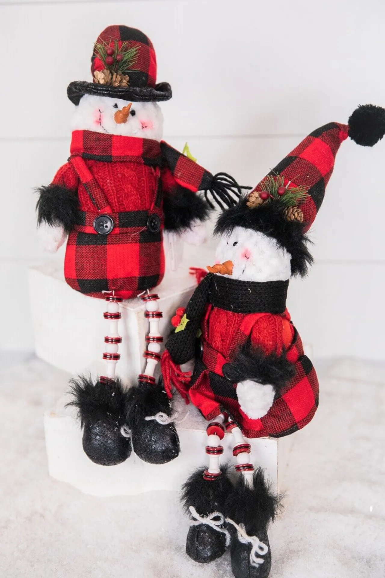 Clearance 15” Buffalo Check Plush Snowman Shelf Sitter With Dangle Legs Christmas Accents