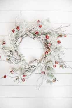 Fashion 24” Christmas Flocked Pine Wreath With Jingle Bells Christmas Wreaths