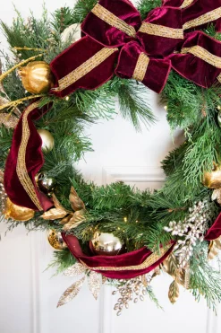 Best 30” Cordless Prelit Crimson & Gold Holiday Wreath Christmas Wreaths