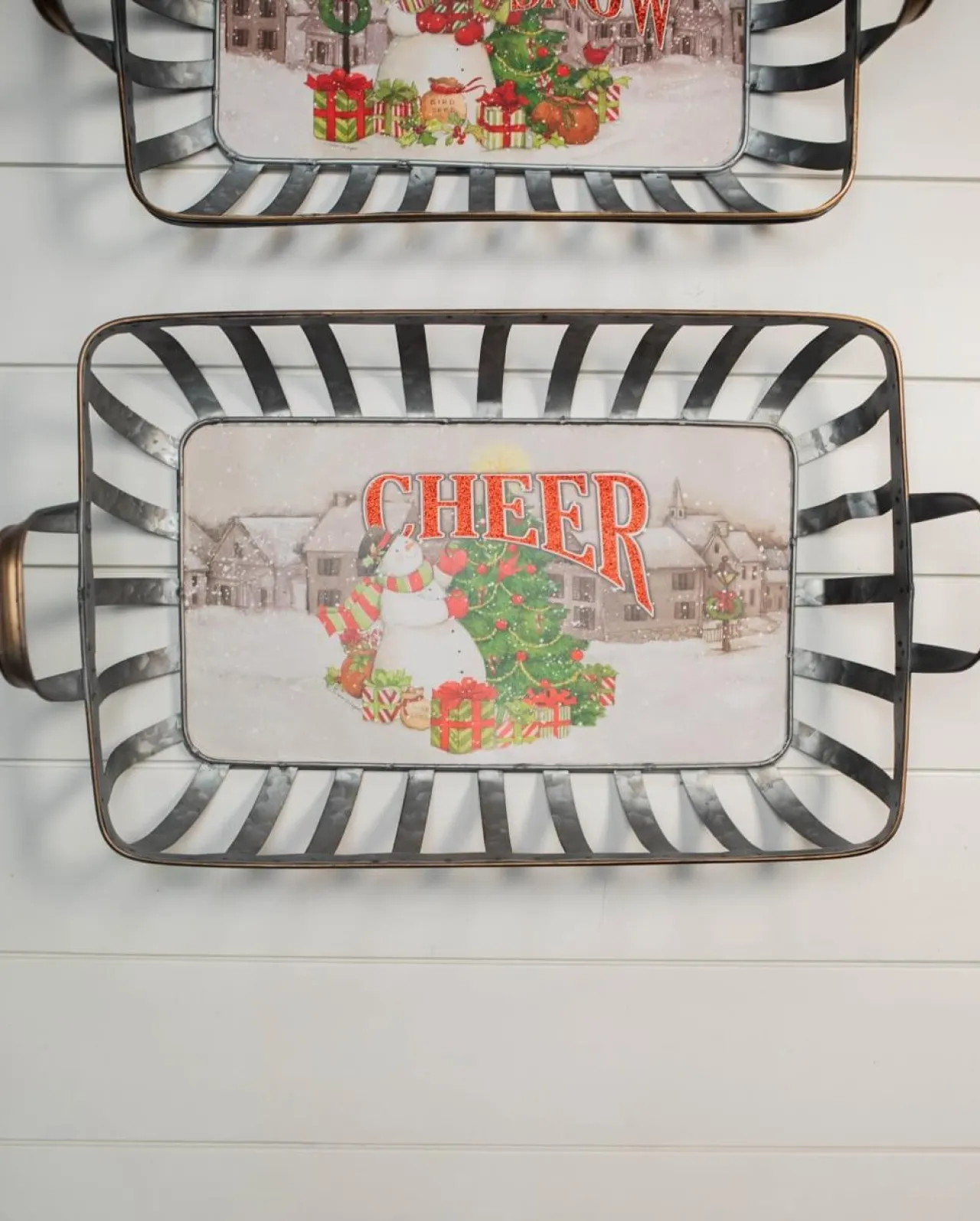 Best Sale 21” Galvanized Metal Holiday Snowman Baskets With Glitter Accent - Set Of 2 Christmas Accents