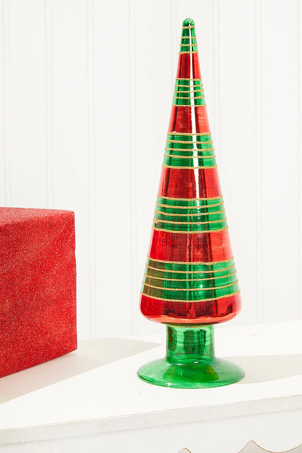 Cheap 12" Glass With Glitter Stripe Tree Christmas Accents