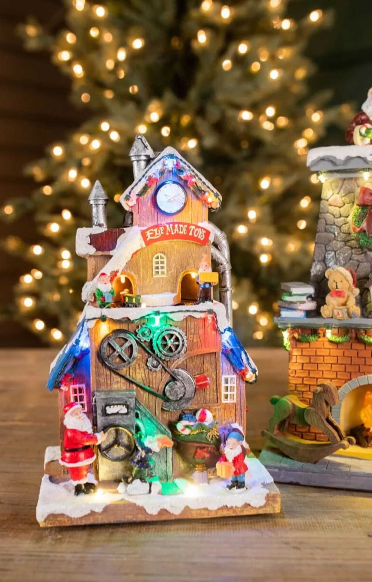 Best Sale 11.4” H B/O Lighted Musical Santa’s Toy Factory With Moving Train Christmas Accents
