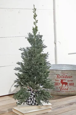 Fashion 24" Plastic Cedar Tree In Black & White Buffalo Fabric Bucket Christmas Accents