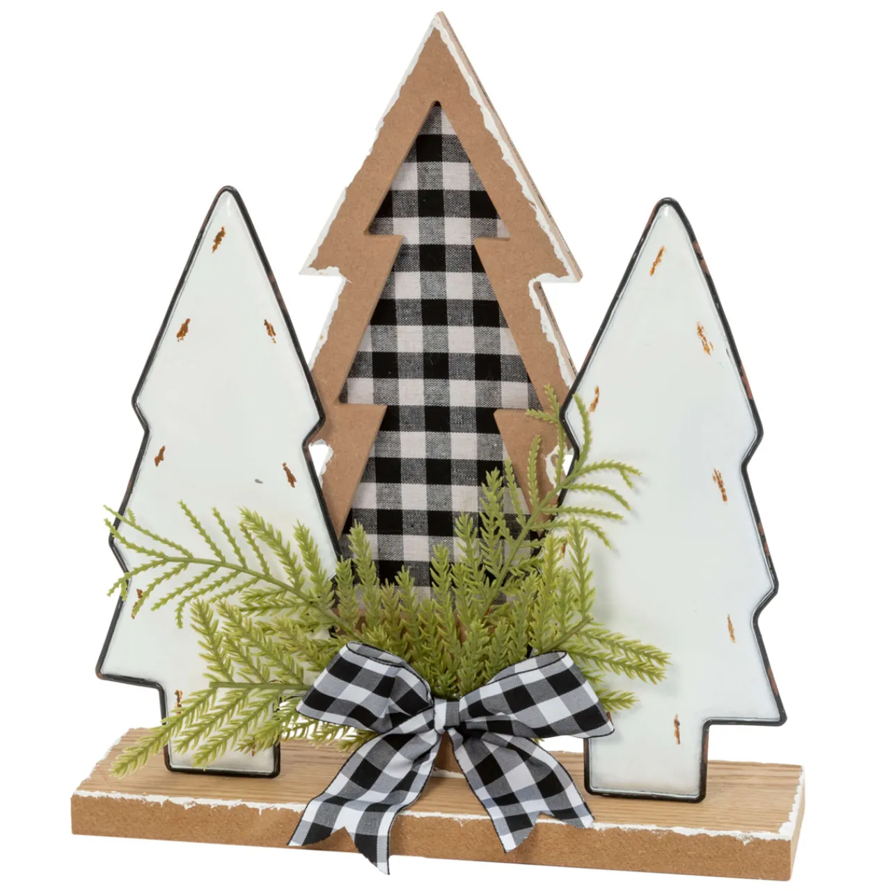 Clearance 12" Wood Holiday Trees With Plaid Bow Christmas Accents