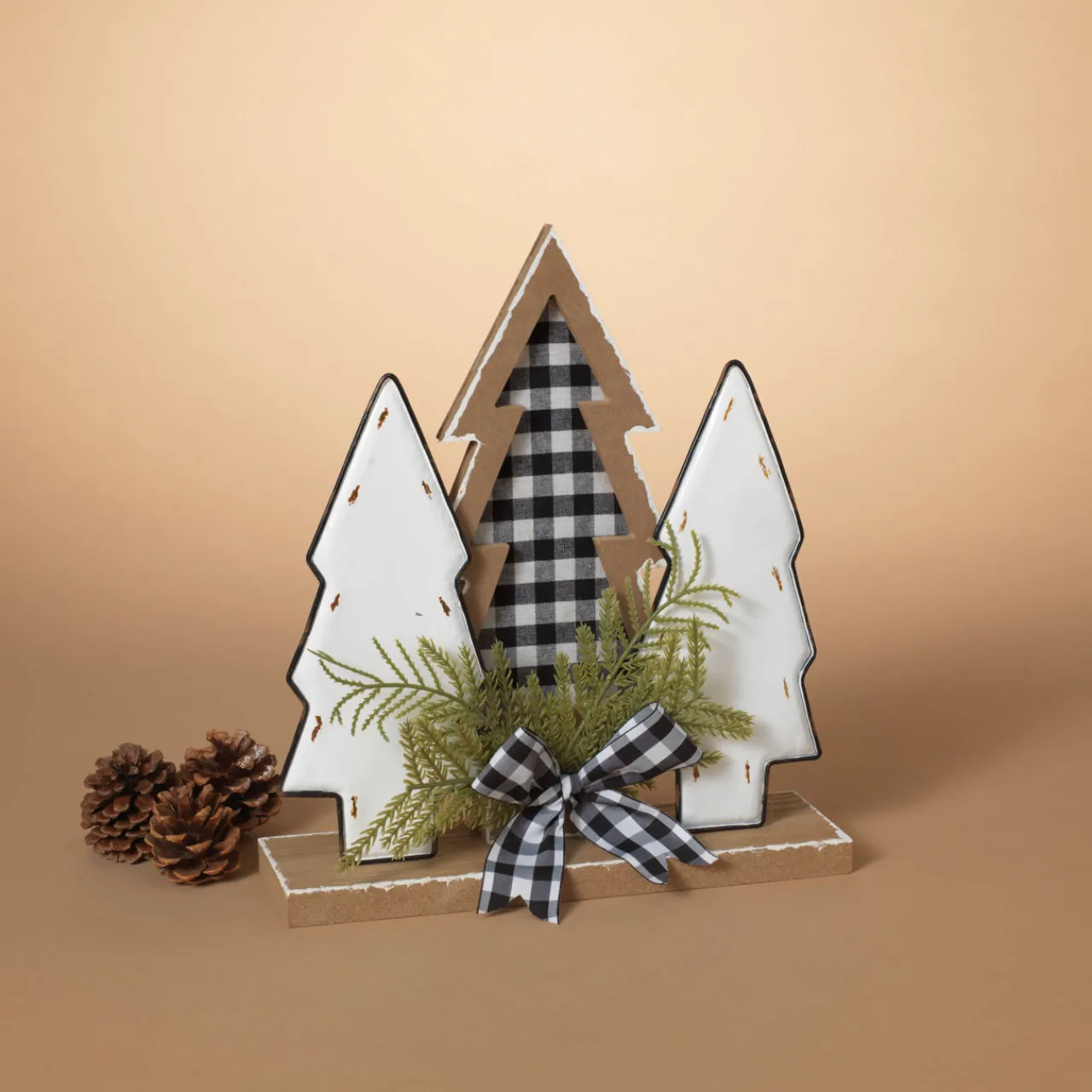 Clearance 12" Wood Holiday Trees With Plaid Bow Christmas Accents