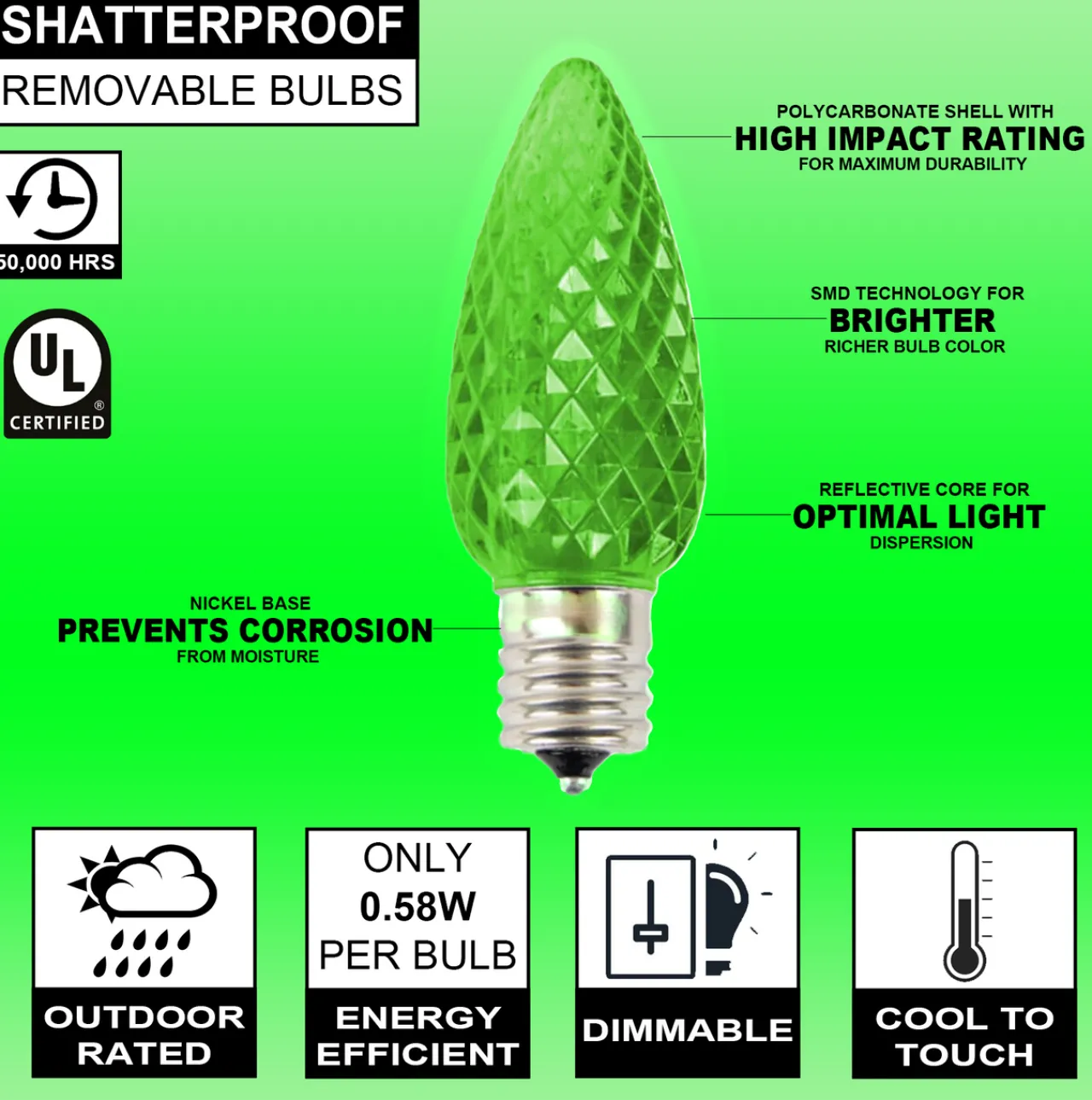 Best C9 Wonderful LED SMD Bulb (25 Bulbs/bag) - Faceted, Green Bulbs|Outdoor Lighting