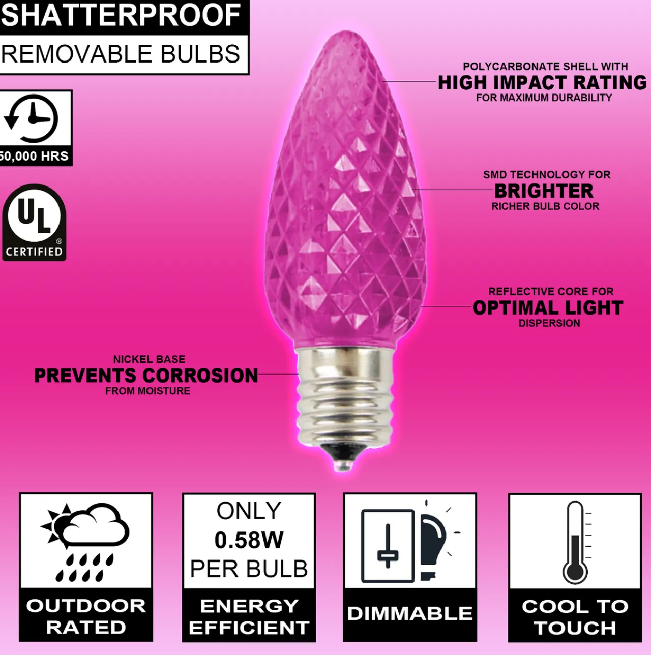 Best Sale C9 Wonderful LED SMD Bulb (25 Bulbs/bag) - Faceted, Pink Bulbs|Outdoor Lighting