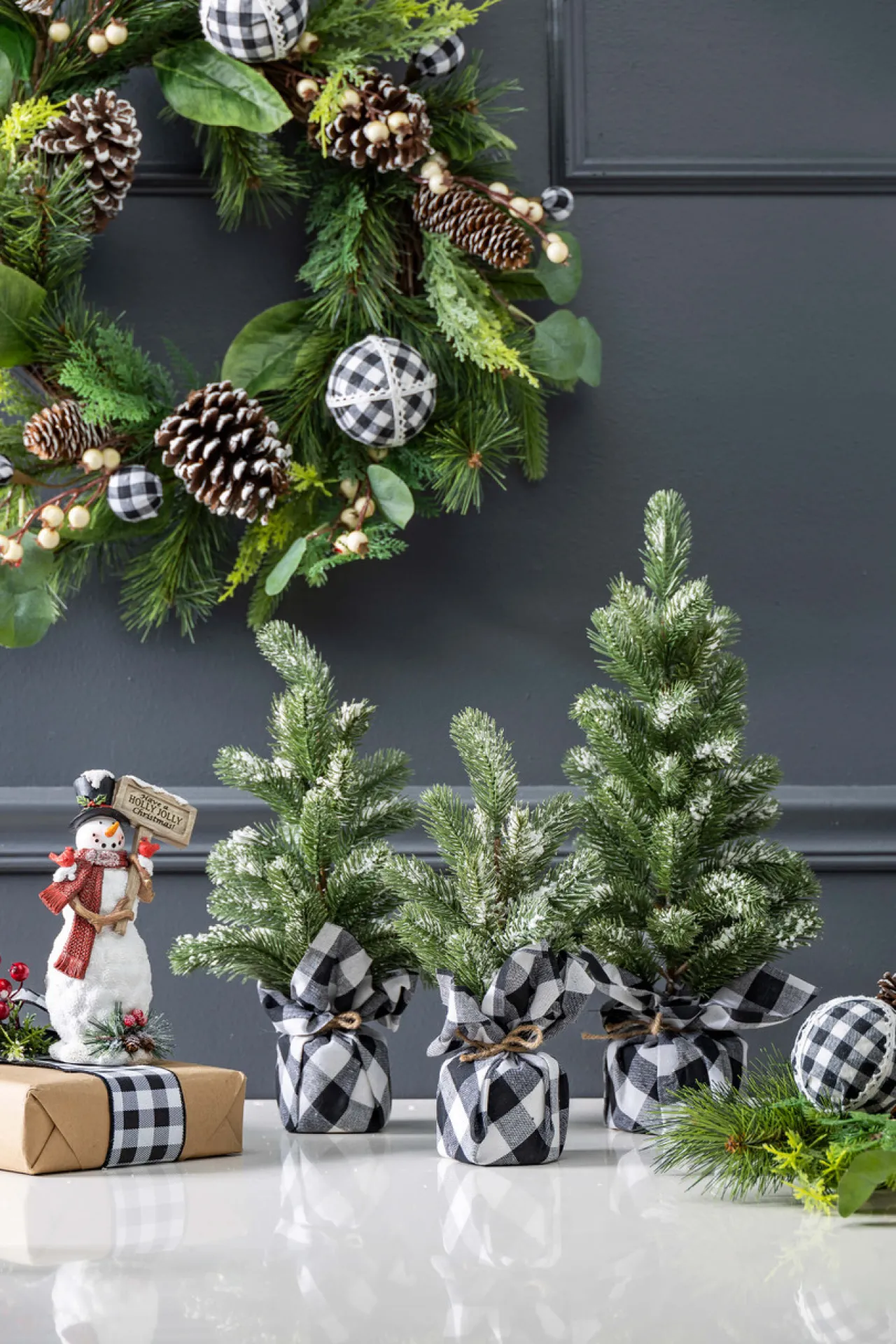 Best Flocked Pine Tree With Plaid Fabric - Large Christmas Accents