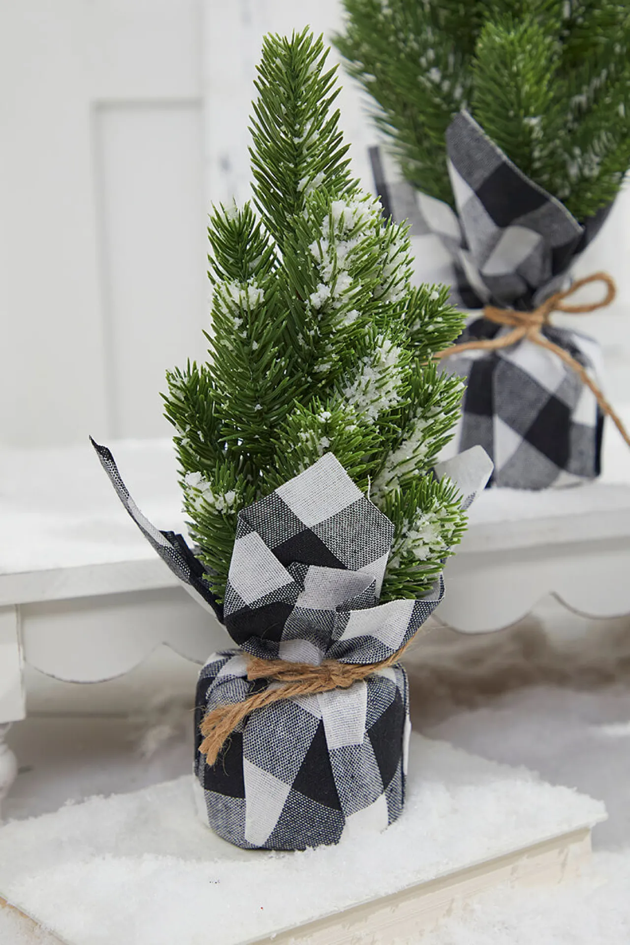 Hot Flocked Pine Tree With Plaid Fabric - Small Christmas Accents