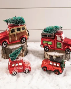 Clearance Glass Car With Bottle Brush Tree Décor Christmas Accents