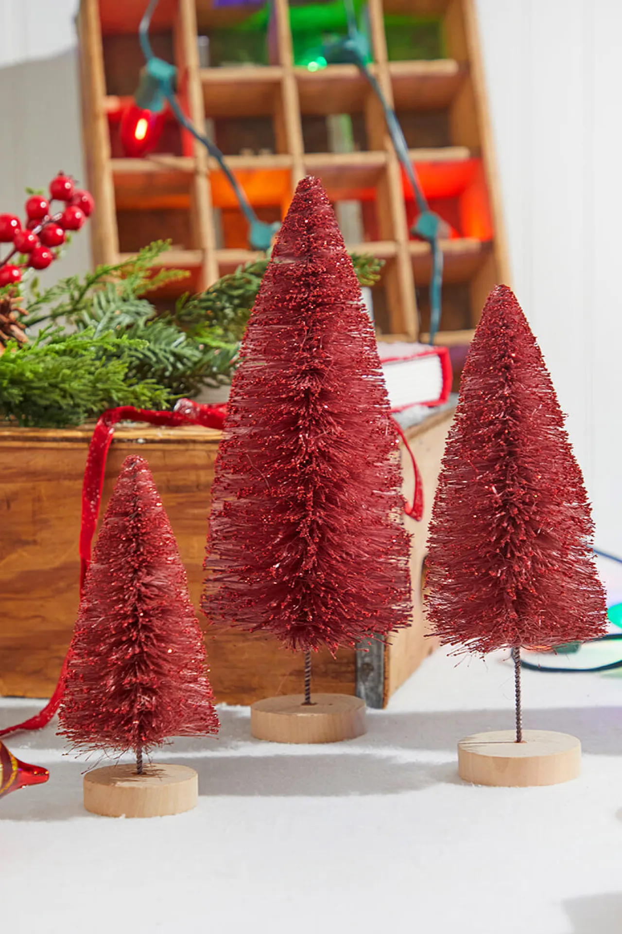 Cheap Red Bottle Brush Tree - Set Of 3 Christmas Accents