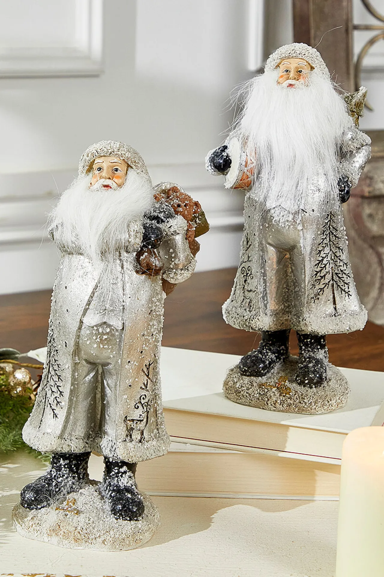 Cheap Small Resin Silver Snow Santa Figurine Christmas Accents